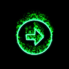 The symbol arrow circle right burns in green fire
