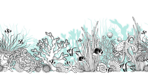Seamless horizontal scenery with underwater creatures.