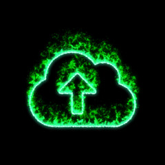 The symbol cloud upload burns in green fire