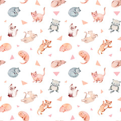Hand painted watercolor cartoon cats and kittens patterns