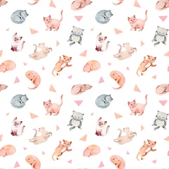 Abwaschbare Fototapete Katzen Handgemalte Aquarell-Cartoon-Katzen- und Kätzchenmuster