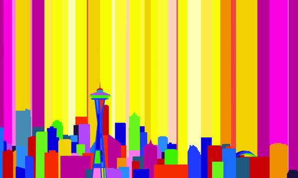 Bright retro multicolored abstract skyline of Seatlle, United States of America.