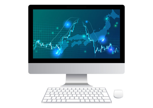 急落する株価チャートとパソコンデジタル白背景イメージ
