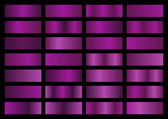 Purple metal gradient set. Vector metallic texture. Big collection of pink metallic gradients on black background