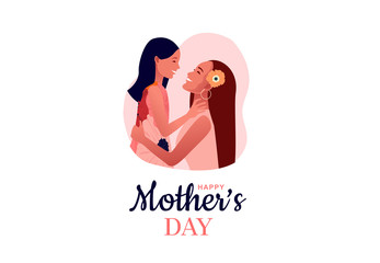 Happy mother's day. Mom hugs her daughter. Mother holds child. 