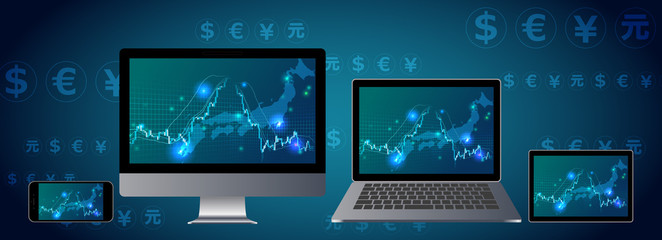 急落する株価チャートとパソコン・スマホ・ノートパソコン青色デジタル背景イメージ