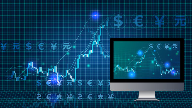 急落する株価チャートとパソコン青色デジタル背景イメージ