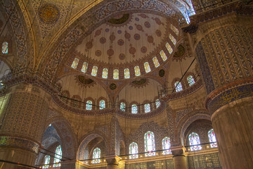 The interior of the historic Blue Mosque in Istanbul. Turkey.