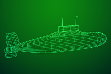 Military atomic submarine underwater boat. Wireframe low poly mesh vector illustration