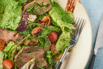 Warm salad with beef, cherry tomatoes and sun-dried tomatoes. Healthy food