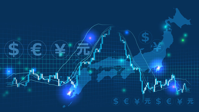 日本の高騰急落する株価チャートと青色背景為替イメージ