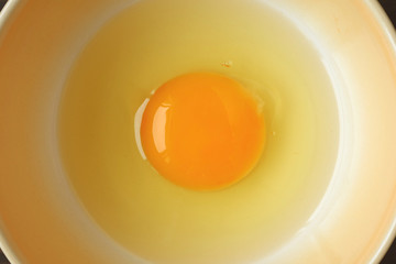 Top view of fresh raw egg in a bowl ready for cooking