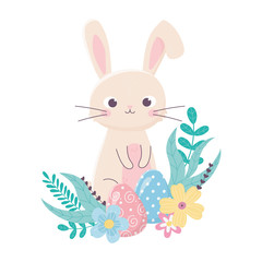 happy easter cute rabbit and eggs flowers foliage cartoon