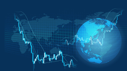 急落する株価チャートと世界地図青色背景イメージ