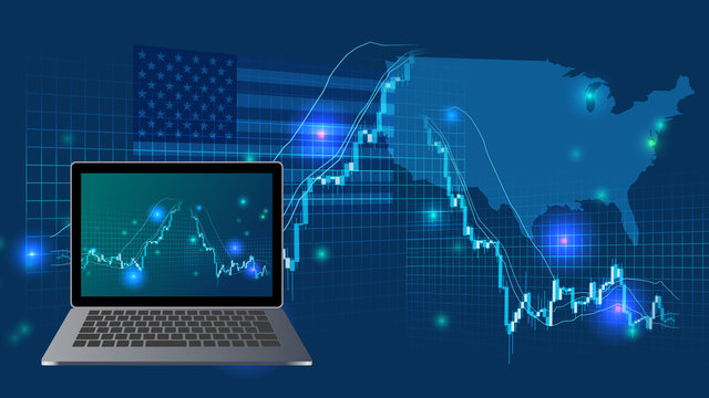 アメリカの高騰急落する株価チャートとノートパソコン青色背景イメージ