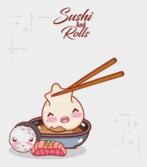 kawaii with dumpling in sauce rice and fish food japanese cartoon, sushi and rolls