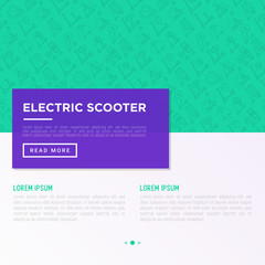 Electric scooter concept with thin line icons: sharing service, mobile app, QR code, parking, helmet, eco transport, pointer. Modern vector illustration, template with copy space.