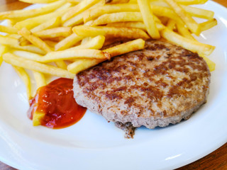juicy steak beef meat with tomato and french fries