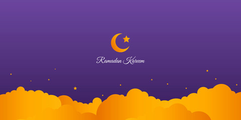 Luxury geometrical shape ornament decoration with purple orange arabian pattern. Purple gradient background and calligraphy for ramadan kareem 