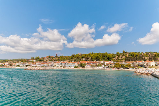 Nea Skioni, Greece - September 06, 2019: Panorama of resort of Nea Skioni, Kassandra, Chalkidiki, Central Macedonia, Greece