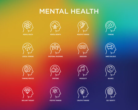 Mental Health Thin Line Icons Set: Mental Growth, Negative Thinking, Emotional Reasoning, Logical Plan, Obsession, Inner Dialogue, Balance, Self Identity. Modern Vector Illustration.