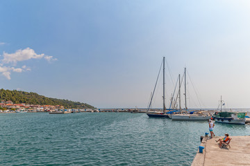 Nea Skioni, Greece - September 06, 2019: The Harbour entrance at Nea Skioni Kassandra, Chalkidiki,...