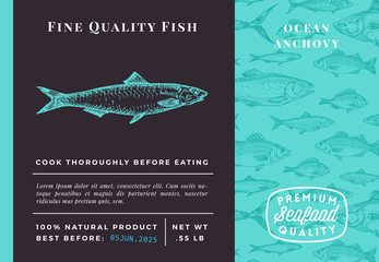 Premium Quality Anchovy Abstract Vector Packaging Design or Label. Modern Typography and Hand Drawn Sketch Fish Pattern Background Seafood Layout