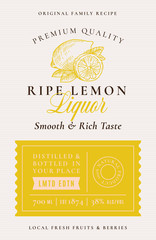 Family Recipe Lemons Liquor Acohol Label. Abstract Vector Packaging Design Layout. Modern Typography Banner with Hand Drawn Citrus Silhouette Logo and Background.