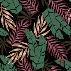 Floral seamless tropical pattern with bright green and red plants and leaves on a black background. Seamless pattern with colorful leaves and plants. Vector design. Jungle print. Floral background. 