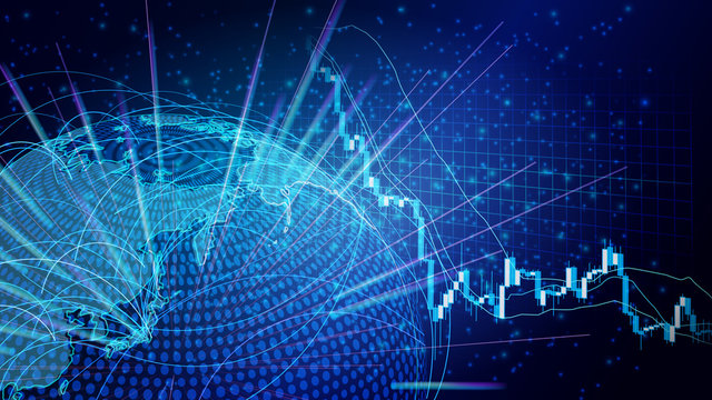急落する株価チャートと世界地図青色背景イメージ
