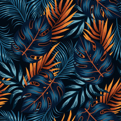 Botanisches nahtloses tropisches Muster mit leuchtend gelben und blauen Pflanzen und Blättern auf schwarzem Hintergrund. Dschungelblatt nahtlose Vektor Blumenmuster Hintergrund. Schöne exotische Pflanzen.