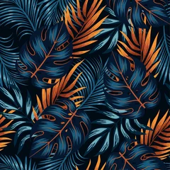 Washable Wallpaper Murals Living room Botanical seamless tropical pattern with bright yellow and blue plants and leaves on a black background. Jungle leaf seamless vector floral pattern background.  Beautiful exotic plants. 