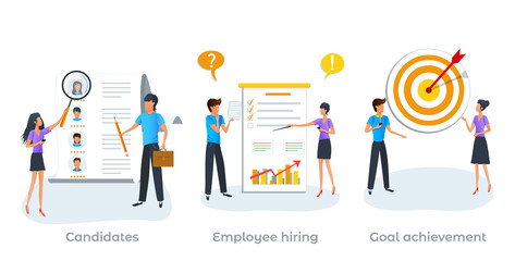 Metaphor concept of recruitment process, employment service. Human resources. Searching job.  Employees hiring. Send your CV to employers. HR agency choosing a candidate to hire. Goal achievement.