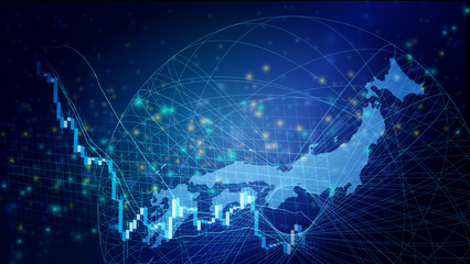 急落する株価チャートと日本地図青色背景イメージ © rrice