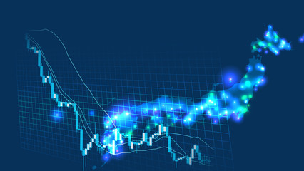 急落する株価チャートと日本地図青色背景イメージ © rrice