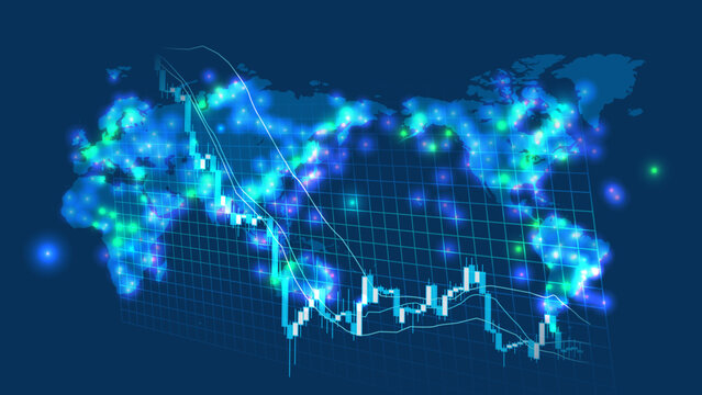 急落する株価チャートと世界地図青色背景イメージ