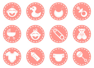 Vector pink baby girl shower icons