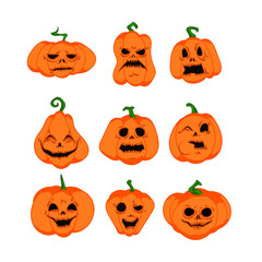 Collection of vector illustrations of pumpkins drawn in different styles. Set of orange pumpkins for Halloween on white.