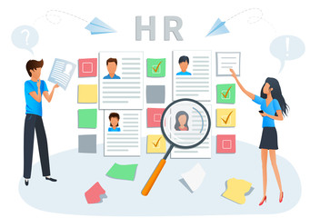 Fototapeta premium Vector illustration concept of human resources, hiring and recruitment. Business recruiting. Recruiters and managers searching for candidate CV to hire. Employment service, recruitment agency