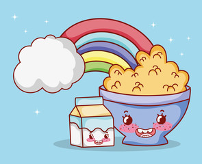 breakfast cute bowl with cereal milk box rainbow cartoon