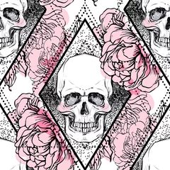 Wallpaper murals Human skull in flowers Human skull with peony, rose and poppy flowers over sacred geometry background. Seamless pattern. Tattoo design element. Vector illustration for wallpaper, textile print, wrapping paper.