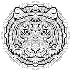 Zentangle tiger head with mandala. Hand drawn decorative vector illustration for coloring