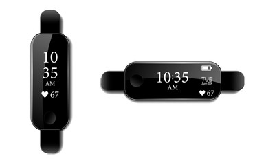 Black fitness bracelet or smartwatch, time, date, battery charge and pulse on the bracelet screen with a glare on an isolated background, realistic vector illustration