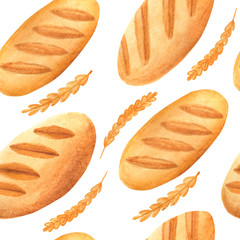 Watercolor bread seamless pattern. Bakery elements on white background. Illustration for menu, catalog, restaurant, cartoon, game, kitchen, textile, decor.