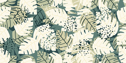 Hand drawn monstera leaves seamless pattern. Philodendron plant.