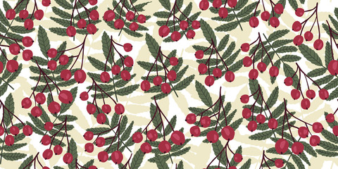 Creative red berry and branch seamless pattern. Autumn leaves floral wallpaper.