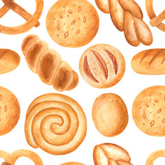 Watercolor bread seamless pattern. Bakery elements on white background.  Illustration for menu, catalog, restaurant, cartoon, game, kitchen, textile, decor.