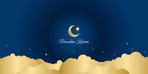 Ramadan kareem background modern design for greeting card, presentation background, flyer, banner, poster, wallpaper. Vector illustration ramadan celebration with mosque, cloud,star, moon, abstract