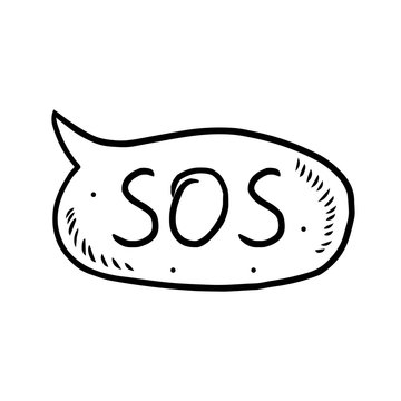 Sos speech bubble, comics design. Chat, text. Cartoon doodle hand drawn vector illustration, sticker, icon, design element. Black monochrome design. Isolated on white background. Easy to change color.