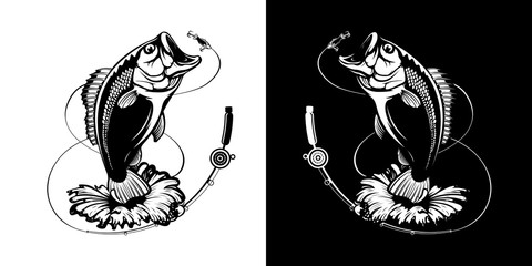 Fishing logo. Bass fish with rod club emblem. Fishing theme illustration. Isolated on white.